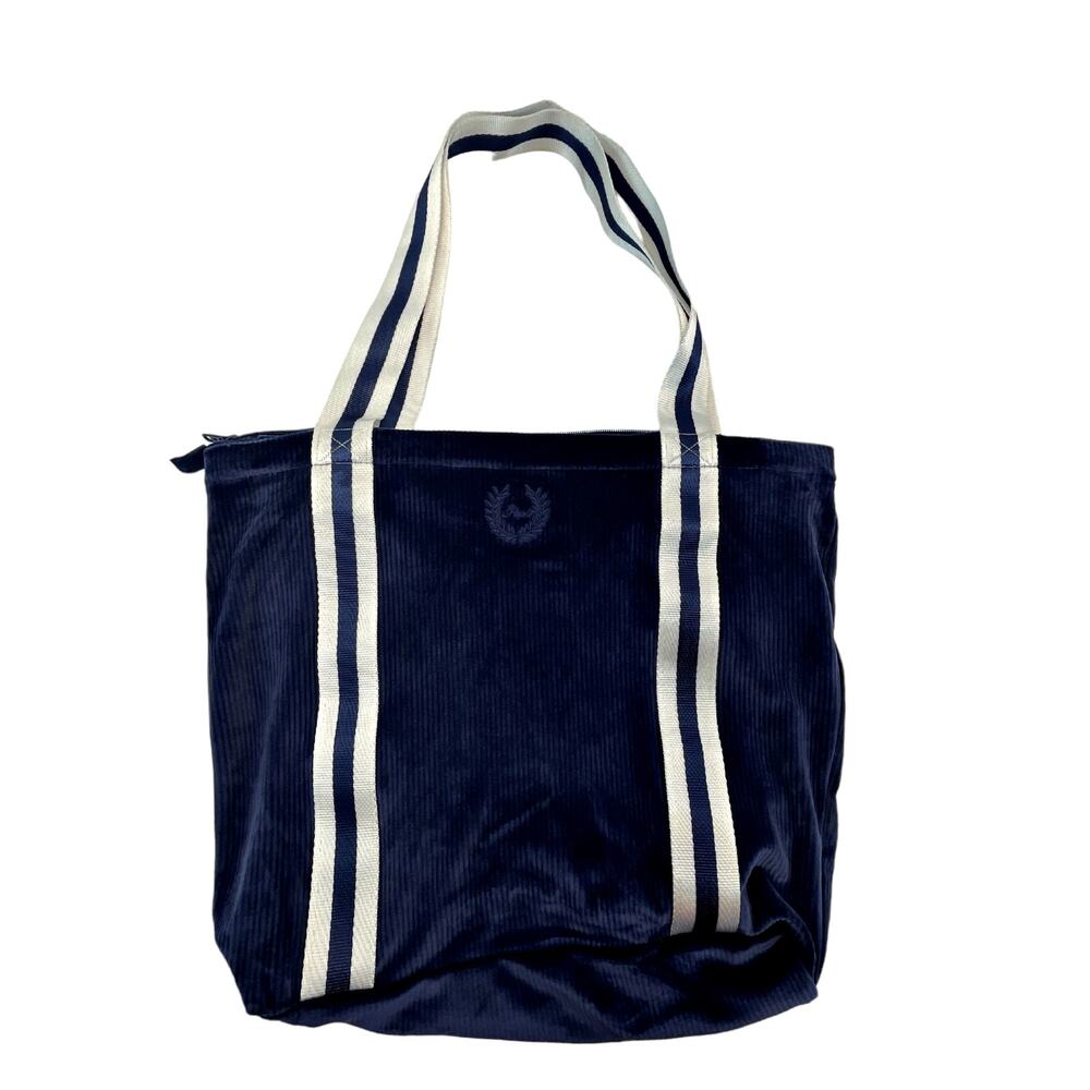 Victoria's Secret Pink Blue Velvet Corduroy Velour White Strap Tote 13x15.5"
